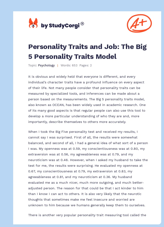 Personality Traits and Job: The Big 5 Personality Traits Model. Page 1