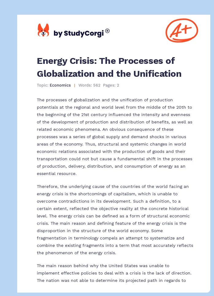 Energy Crisis: The Processes of Globalization and the Unification. Page 1