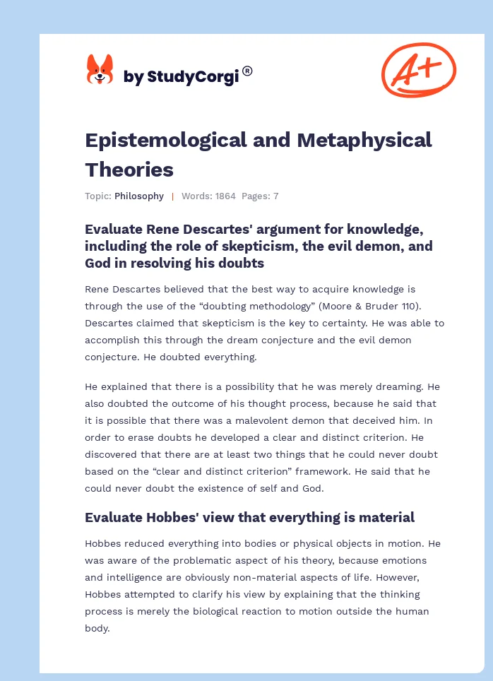 Epistemological and Metaphysical Theories. Page 1