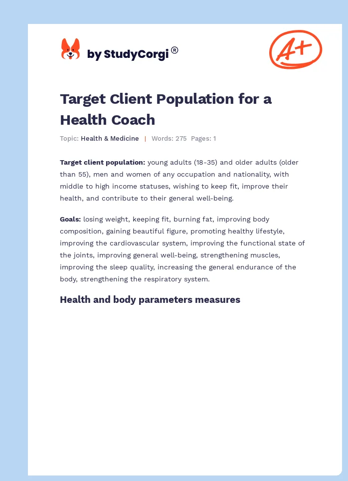 Target Client Population for a Health Coach. Page 1