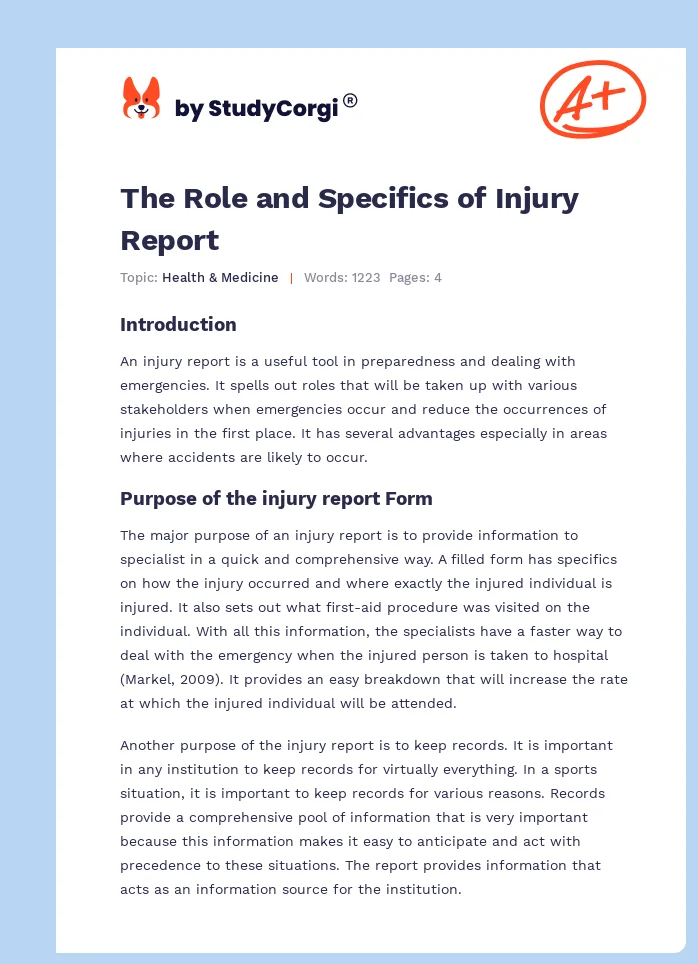 The Role and Specifics of Injury Report. Page 1