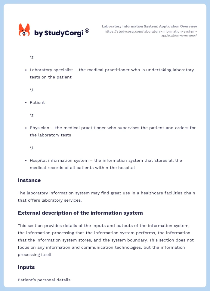 Laboratory Information System: Application Overview. Page 2
