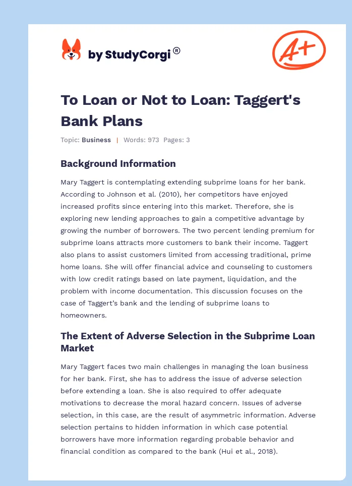 To Loan or Not to Loan: Taggert's Bank Plans. Page 1
