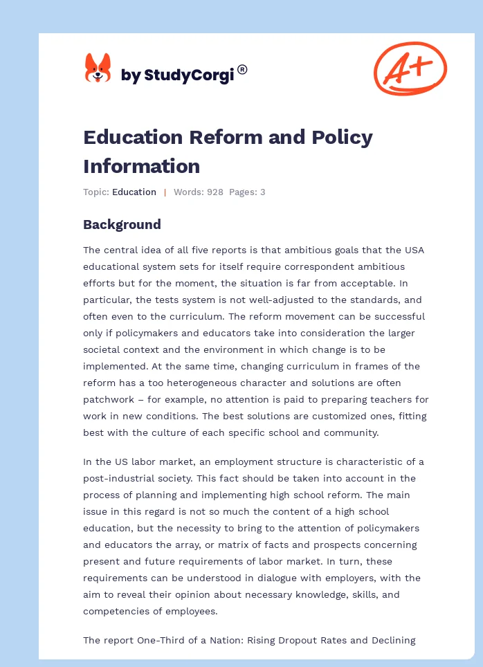 Education Reform and Policy Information. Page 1