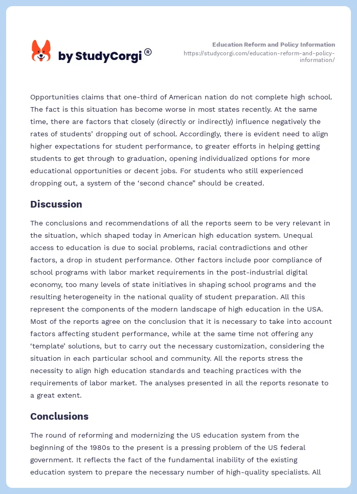 Education Reform and Policy Information. Page 2