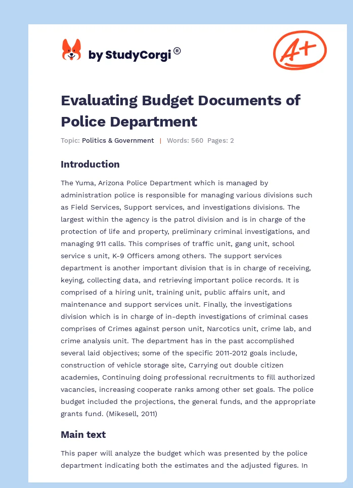 Evaluating Budget Documents of Police Department. Page 1