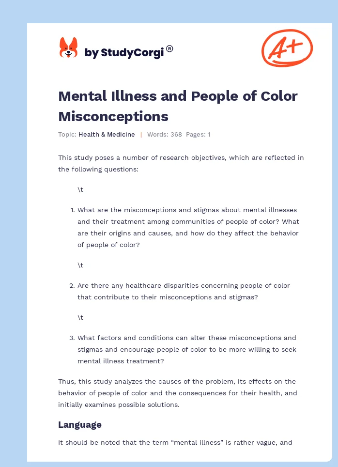 Mental Illness and People of Color Misconceptions. Page 1