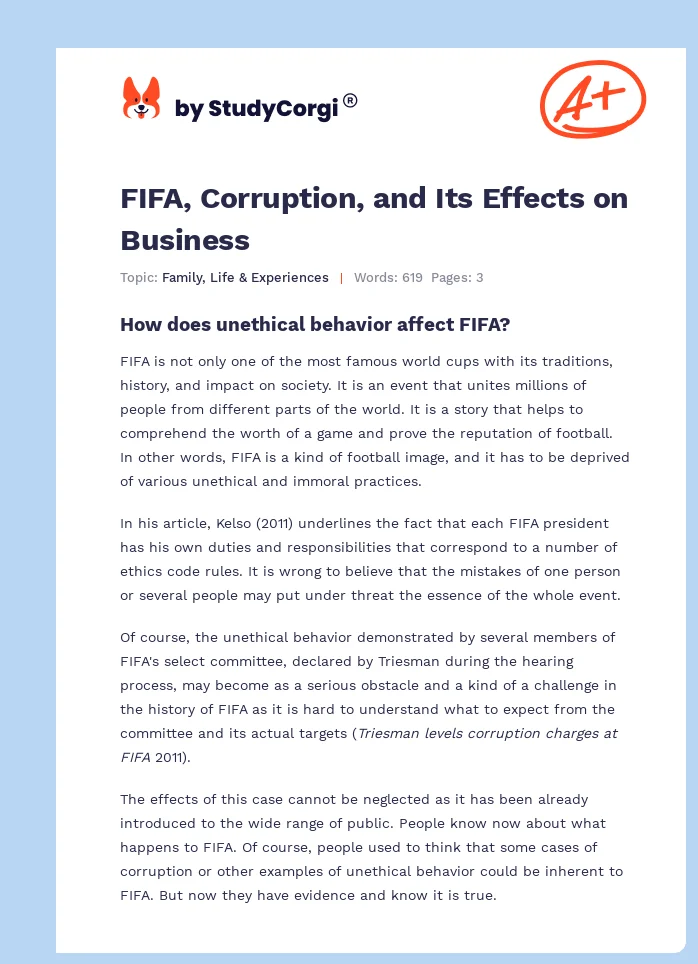 FIFA, Corruption, and Its Effects on Business. Page 1