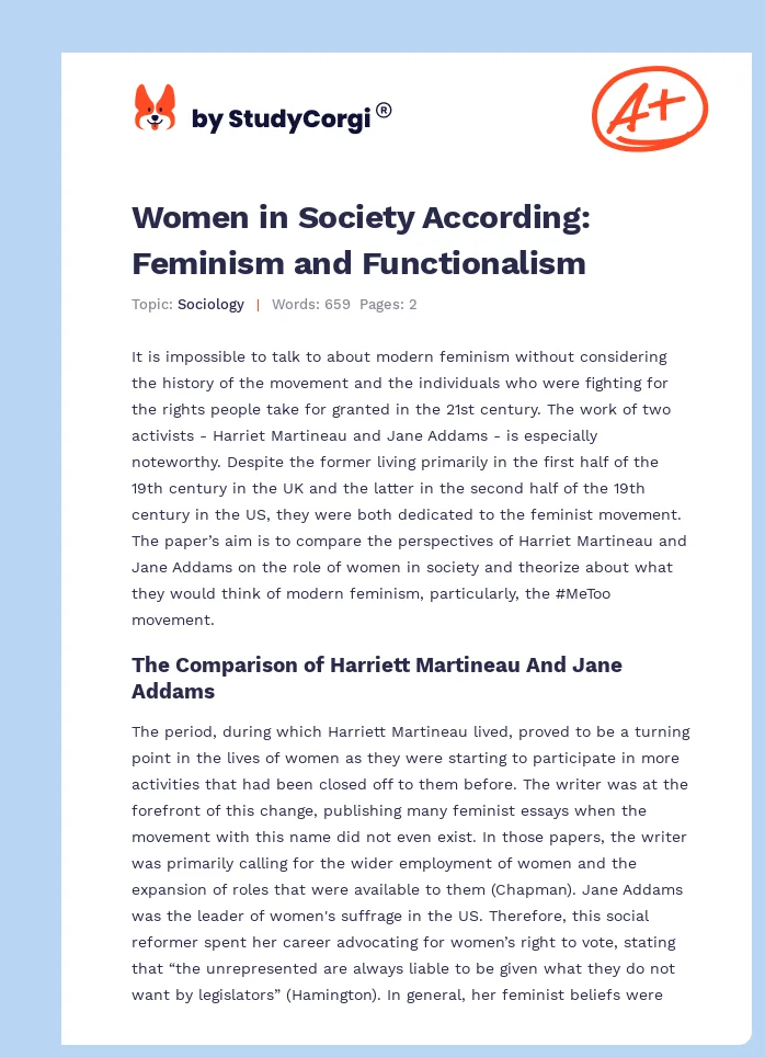 Women in Society According: Feminism and Functionalism. Page 1