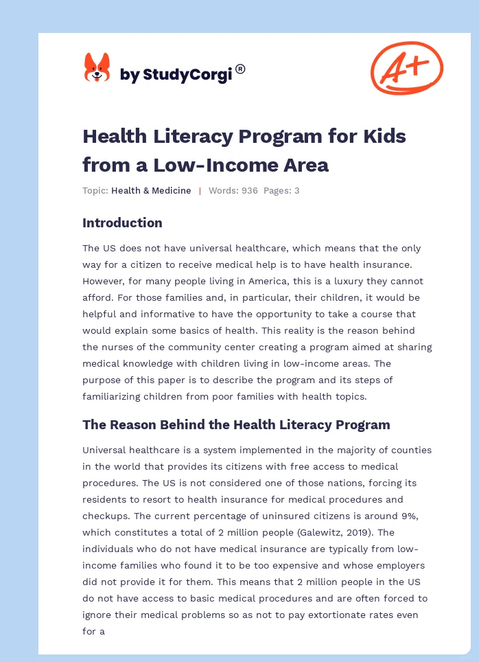 Health Literacy Program for Kids from a Low-Income Area. Page 1