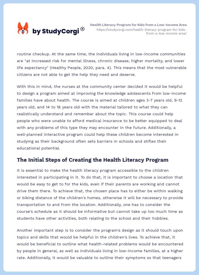 Health Literacy Program for Kids from a Low-Income Area. Page 2