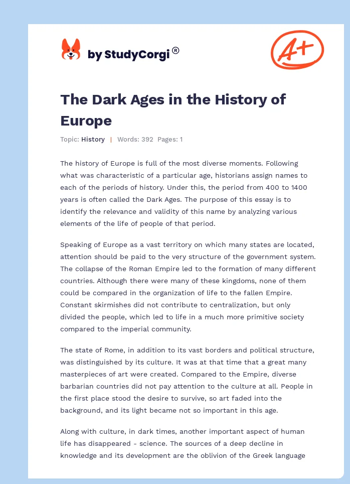 The Dark Ages in the History of Europe. Page 1
