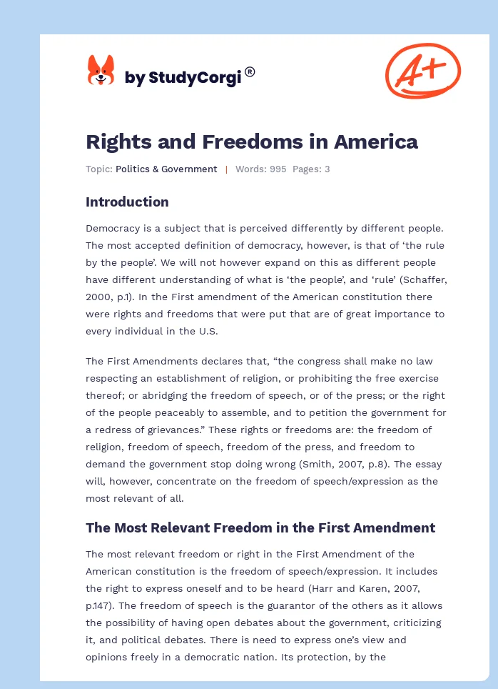 Rights and Freedoms in America. Page 1