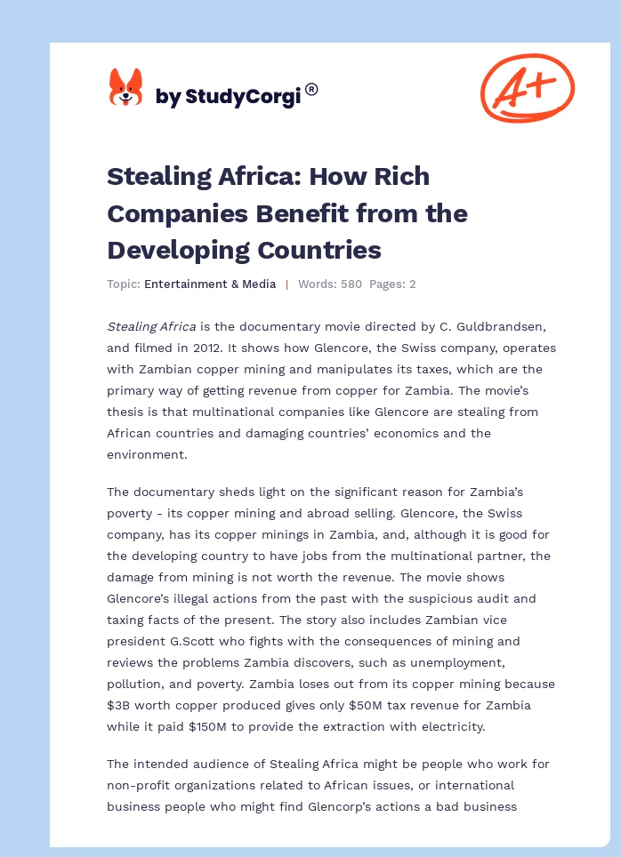 Stealing Africa: How Rich Companies Benefit from the Developing Countries. Page 1