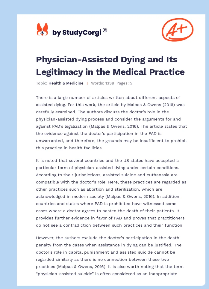 Physician-Assisted Dying and Its Legitimacy in the Medical Practice. Page 1