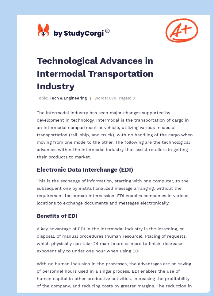 Technological Advances in Intermodal Transportation Industry. Page 1