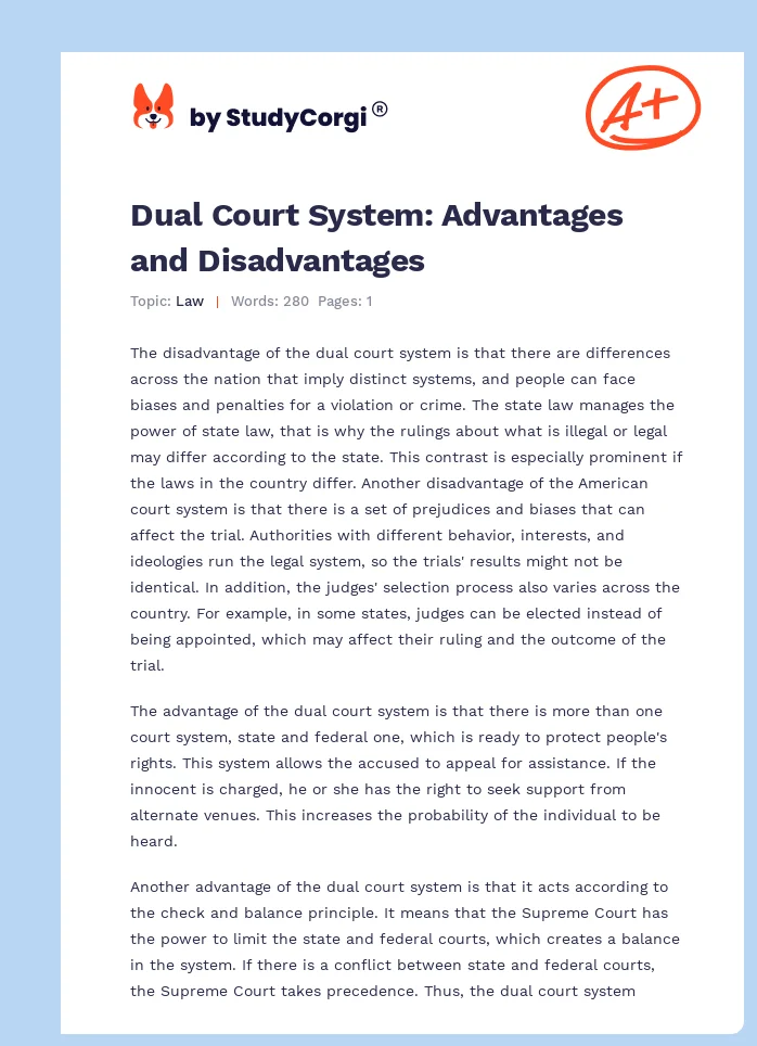 Dual Court System: Advantages and Disadvantages Free Essay Example