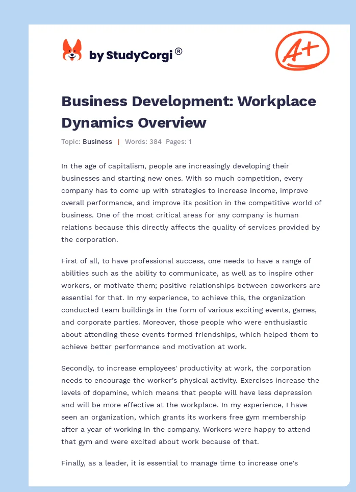 Business Development: Workplace Dynamics Overview. Page 1