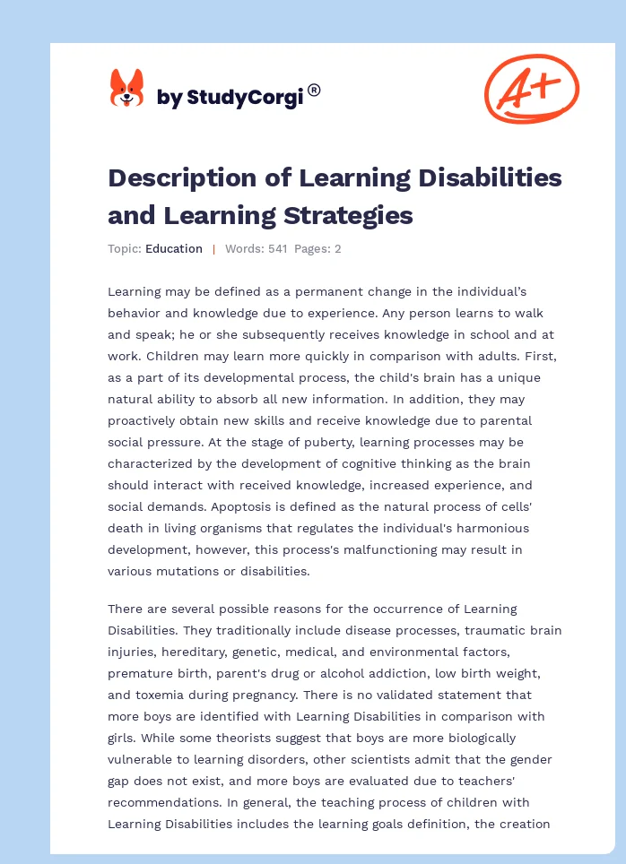 Description of Learning Disabilities and Learning Strategies. Page 1