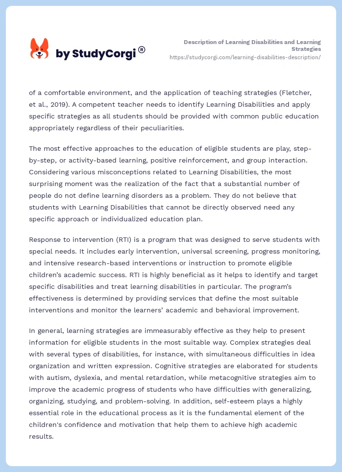 Description of Learning Disabilities and Learning Strategies. Page 2