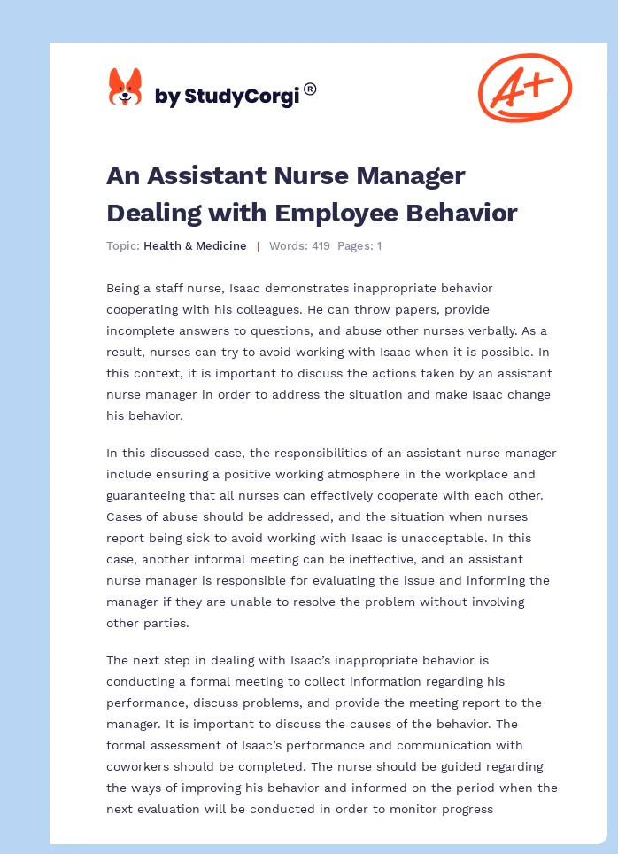 An Assistant Nurse Manager Dealing with Employee Behavior. Page 1