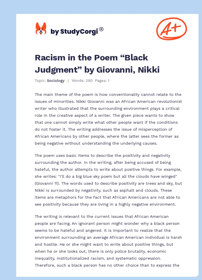 Racism in the Poem “Black Judgment” by Giovanni, Nikki. Page 1