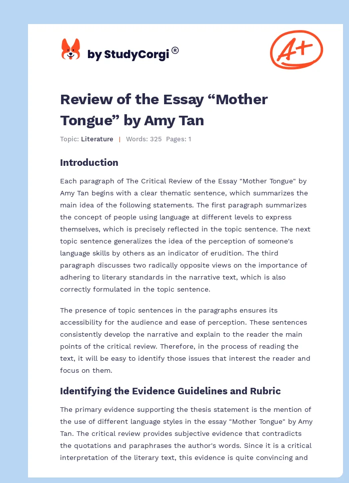 Review of the Essay “Mother Tongue” by Amy Tan. Page 1