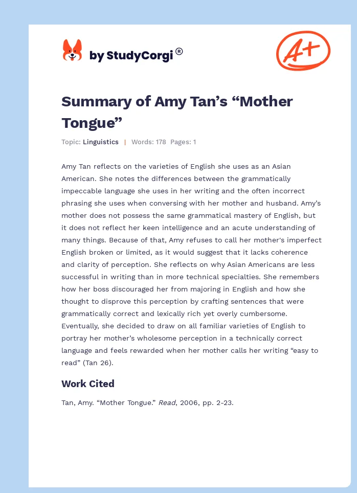 Summary of Amy Tan’s “Mother Tongue”. Page 1