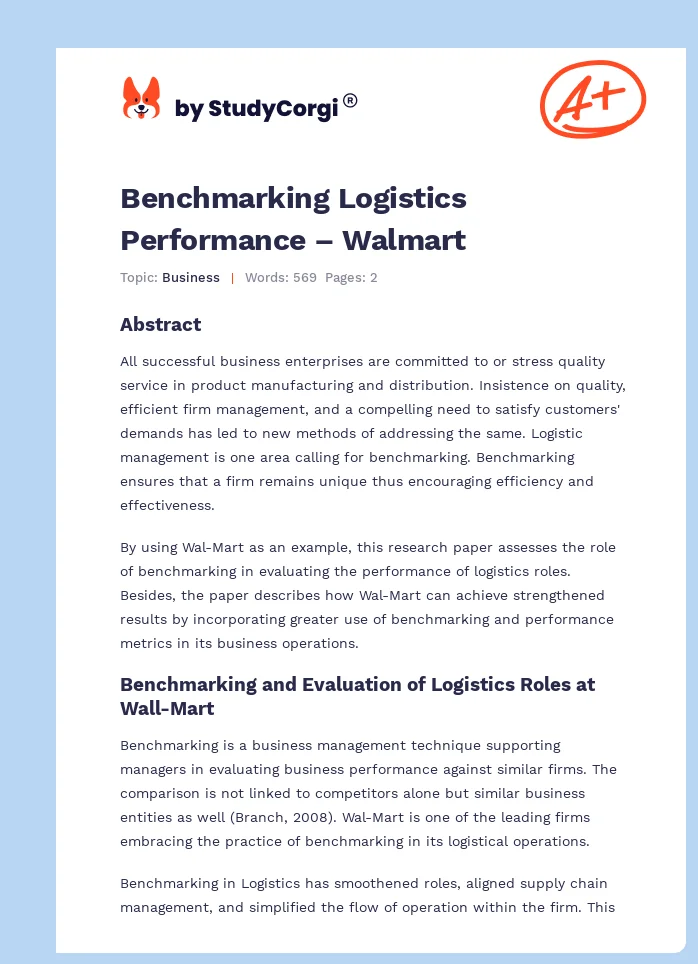Benchmarking Logistics Performance – Walmart. Page 1
