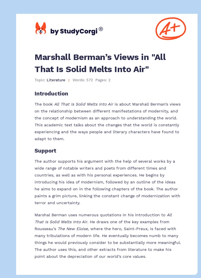 Marshall Berman’s Views in "All That Is Solid Melts Into Air". Page 1