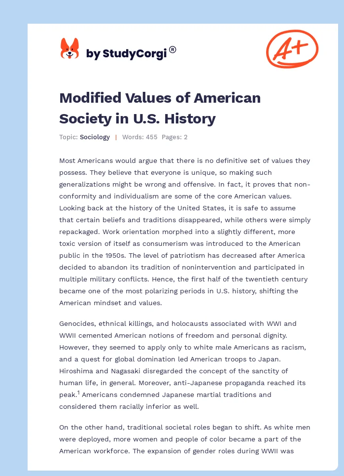 Modified Values of American Society in U.S. History. Page 1