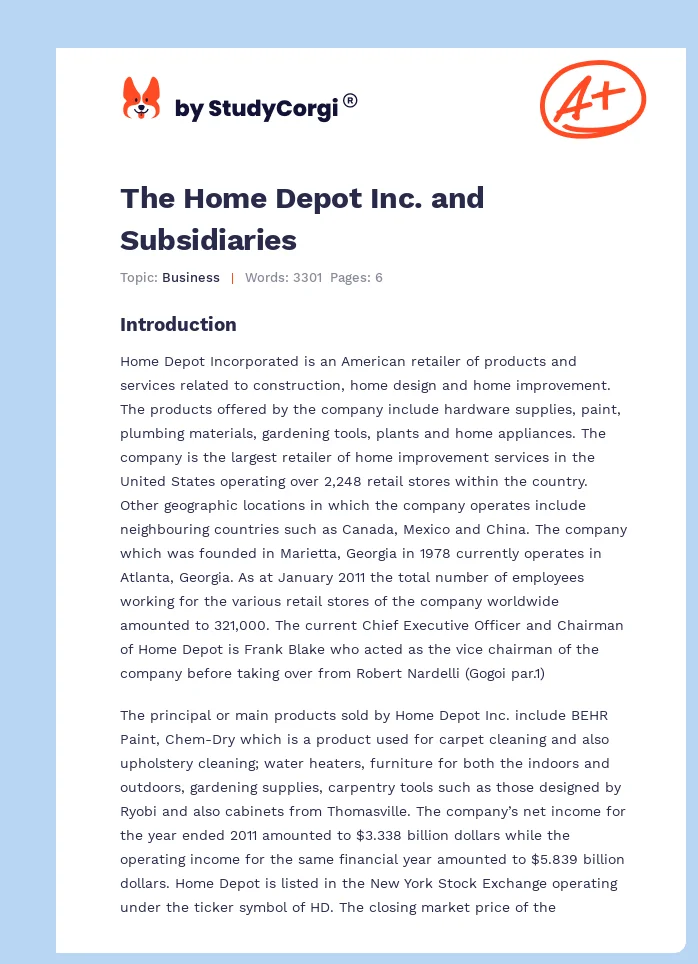 The Home Depot Inc. and Subsidiaries. Page 1
