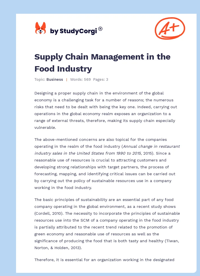 Supply Chain Management in the Food Industry. Page 1
