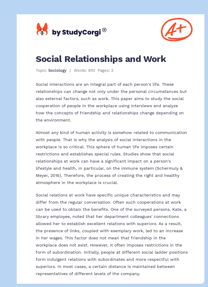 Social Relationships and Work. Page 1