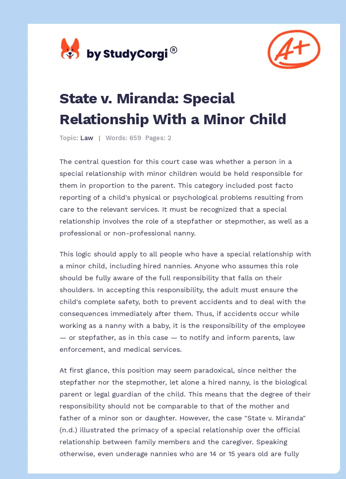 State v. Miranda: Special Relationship With a Minor Child. Page 1