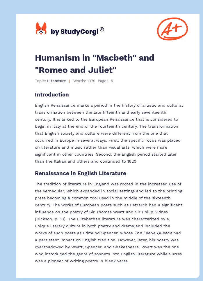 Humanism in "Macbeth" and "Romeo and Juliet". Page 1