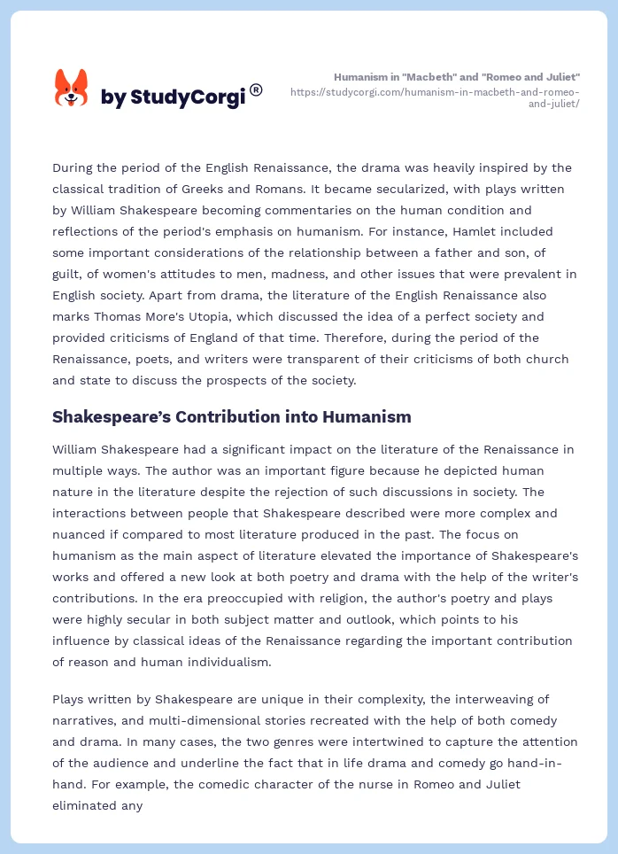 Humanism in "Macbeth" and "Romeo and Juliet". Page 2