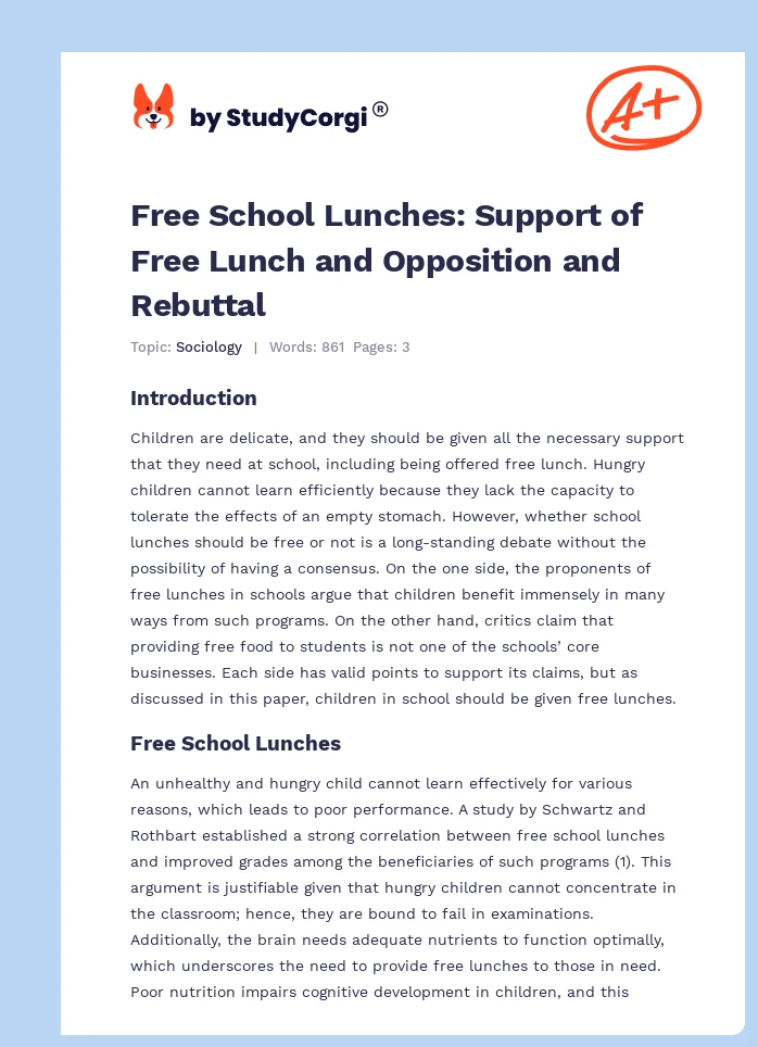 Free School Lunches: Support of Free Lunch and Opposition and Rebuttal. Page 1