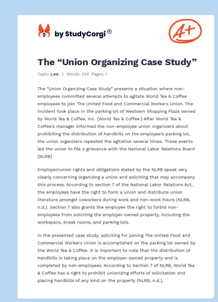 The “Union Organizing Case Study”. Page 1