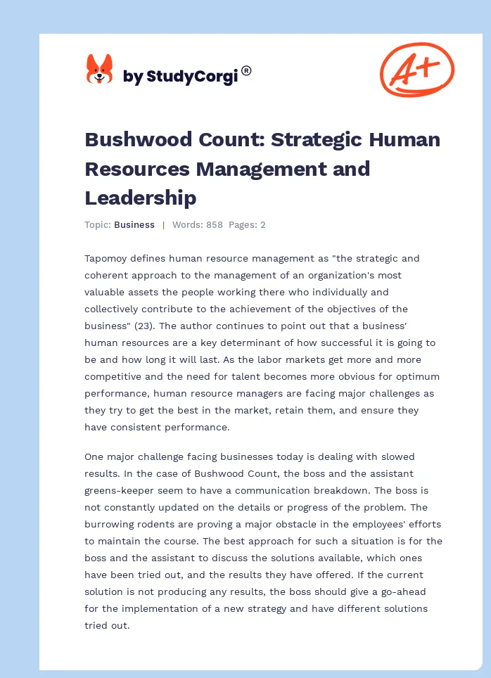 Bushwood Count: Strategic Human Resources Management and Leadership. Page 1