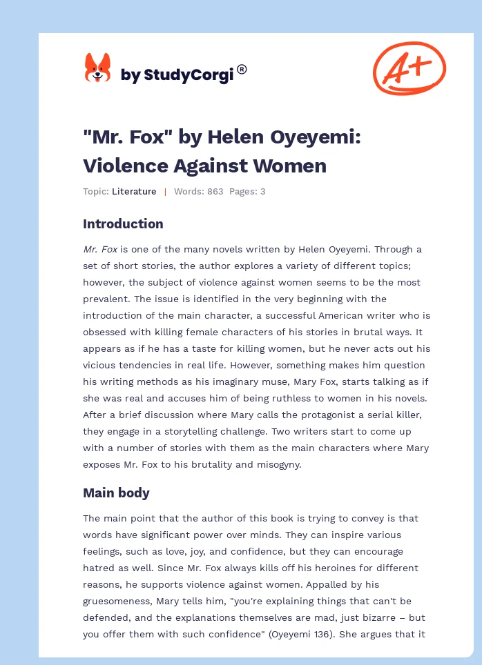 "Mr. Fox" by Helen Oyeyemi: Violence Against Women. Page 1