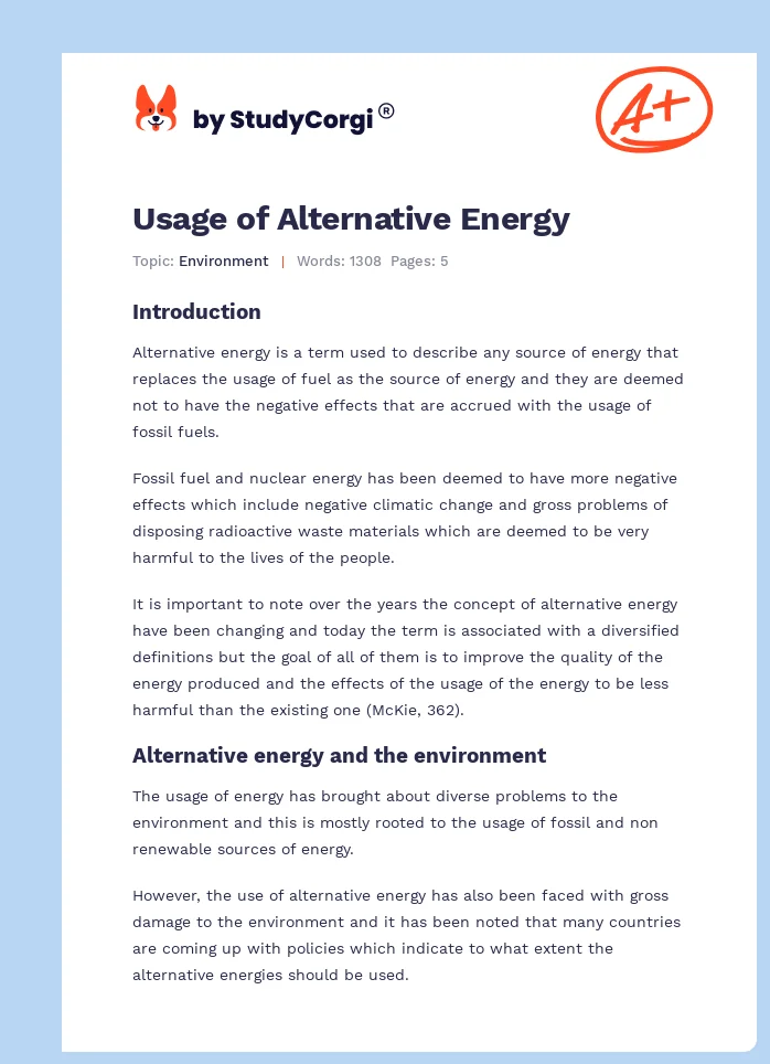 Usage of Alternative Energy. Page 1