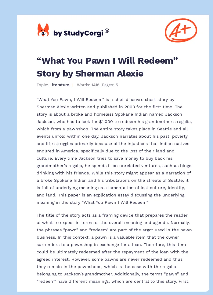 “What You Pawn I Will Redeem” Story by Sherman Alexie. Page 1