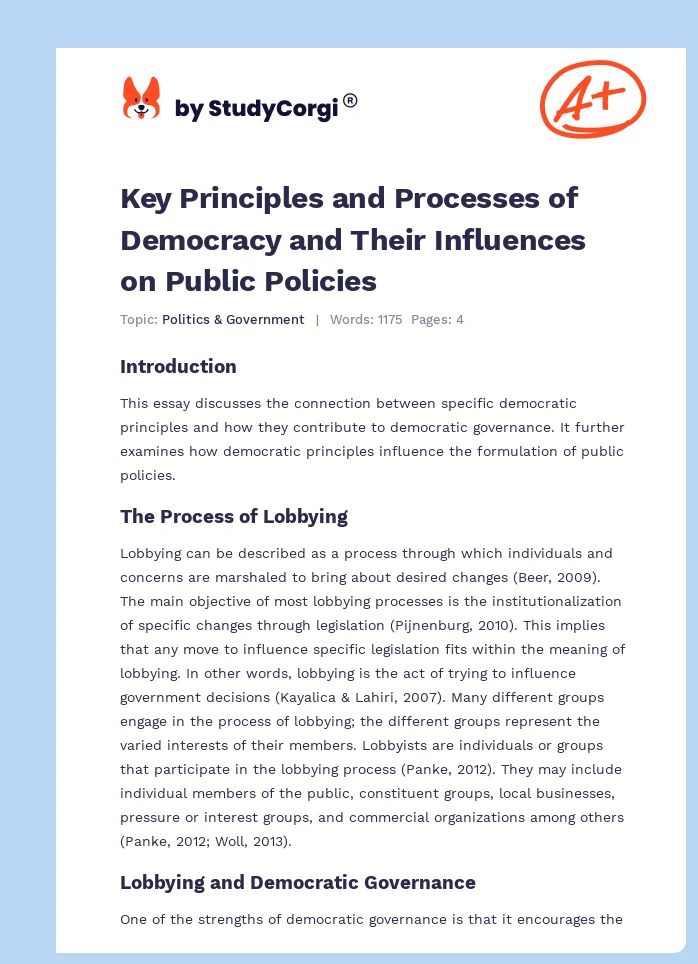 Key Principles and Processes of Democracy and Their Influences on Public Policies. Page 1