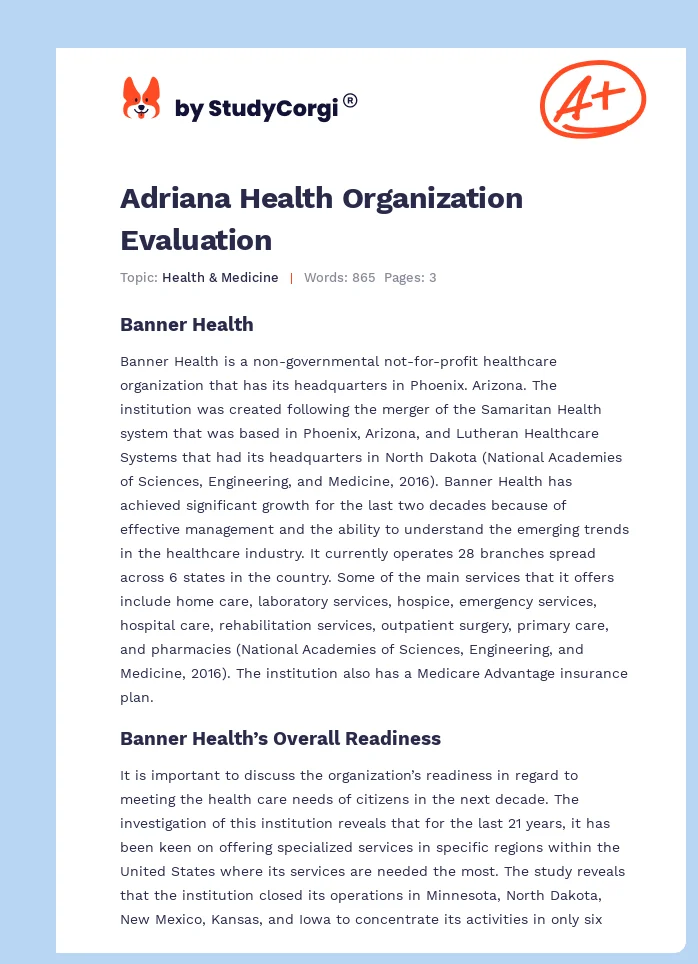 Adriana Health Organization Evaluation. Page 1