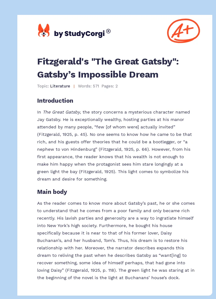 Fitzgerald's "The Great Gatsby": Gatsby’s Impossible Dream. Page 1