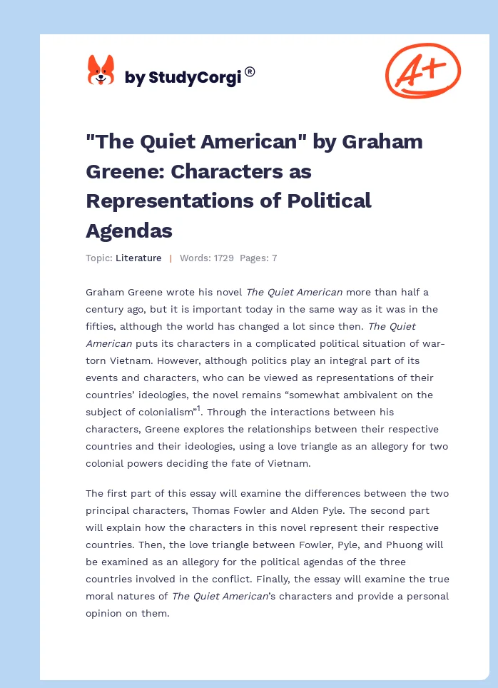 "The Quiet American" by Graham Greene: Characters as Representations of Political Agendas. Page 1