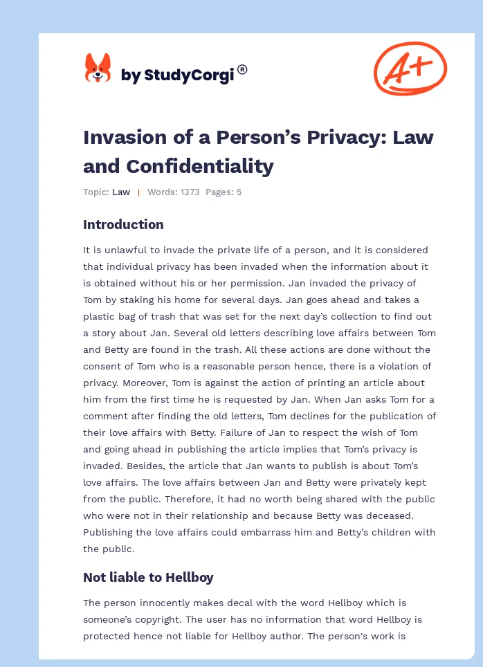 Invasion of a Person’s Privacy: Law and Confidentiality. Page 1