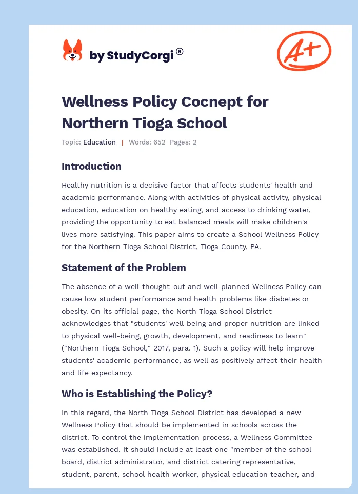 Wellness Policy Cocnept for Northern Tioga School. Page 1