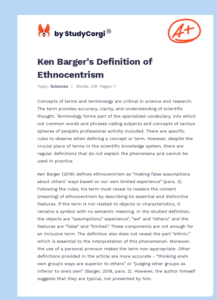 Ken Barger’s Definition of Ethnocentrism. Page 1
